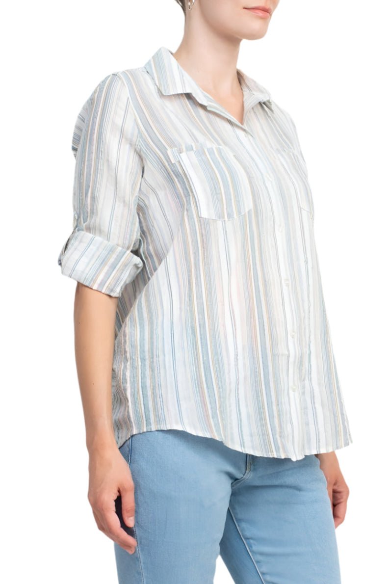 Adyson Parker Collared Button Down 2 Way Sleeve Pockets Multi Color Rayon Shirt - Glamourous Grace