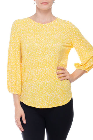 Adrianna Papell Crew Neck 3/4 Sleeve Elastic Cuff Multi Print Keyhole Back Button Closure Knit Top - By Baano