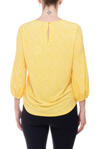 Adrianna Papell Crew Neck 3/4 Sleeve Elastic Cuff Multi Print Keyhole Back Button Closure Knit Top - By Baano