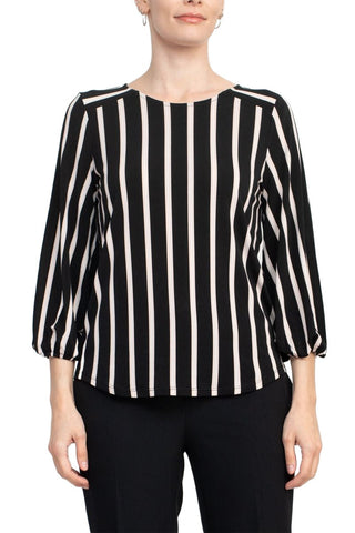 Adrianna Papell Crew Neck 3/4 Sleeve Elastic Cuff Multi Print Keyhole Back Button Closure Knit Top - By Baano