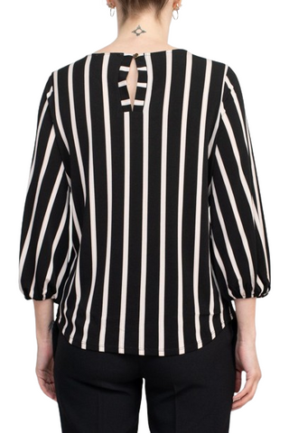 Adrianna Papell Crew Neck 3/4 Sleeve Elastic Cuff Multi Print Keyhole Back Button Closure Knit Top - By Baano