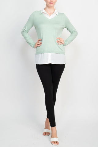 Adrianna Papell shell V-neck sheath layered twofer sweater - By Baano