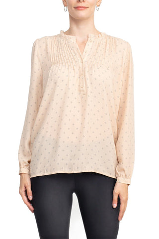 Adrianna Papell Crew Neck Long Sleeves Button Detail Woven Top - By Baano