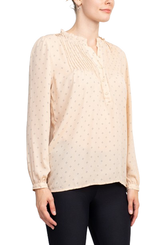 Adrianna Papell Crew Neck Long Sleeves Button Detail Woven Top - By Baano