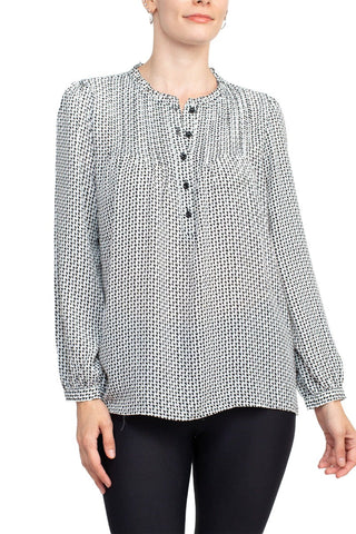 Adrianna Papell Crew Neck Long Sleeves Button Detail Woven Top - By Baano