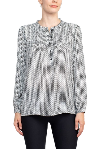 Adrianna Papell Crew Neck Long Sleeves Button Detail Woven Top - By Baano