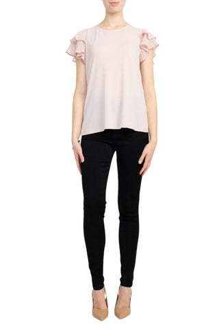 Adrianna Papell Crew Neck Clip Dot Double Flutter Sleeve Solid Knit Moss Crepe Top - By Baano