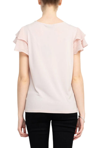 Adrianna Papell Crew Neck Clip Dot Double Flutter Sleeve Solid Knit Moss Crepe Top - By Baano