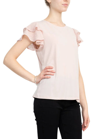 Adrianna Papell Crew Neck Clip Dot Double Flutter Sleeve Solid Knit Moss Crepe Top - By Baano