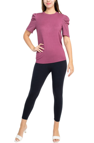 Adrianna Papell Crew Neck Short Sleeve Ruffled Shoulder Solid Knit Top - Glamourous Grace