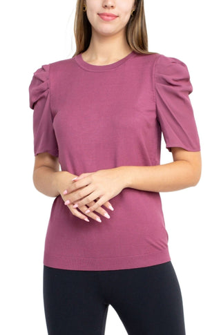 Adrianna Papell Crew Neck Short Sleeve Ruffled Shoulder Solid Knit Top - Glamourous Grace