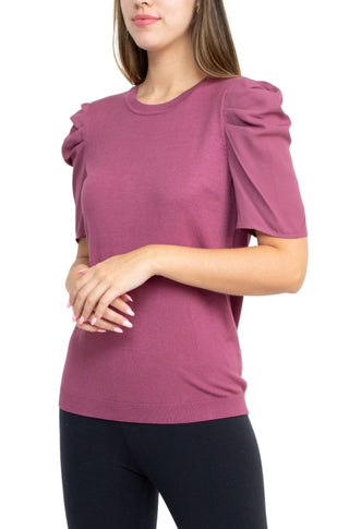 Adrianna Papell Crew Neck Short Sleeve Ruffled Shoulder Solid Knit Top - Glamourous Grace