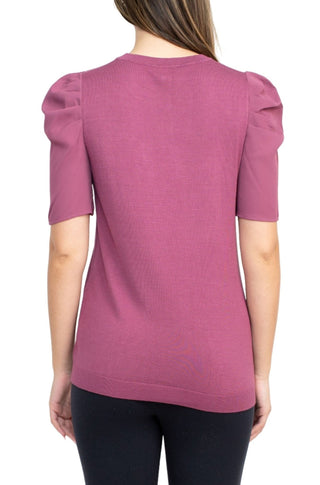 Adrianna Papell Crew Neck Short Sleeve Ruffled Shoulder Solid Knit Top - Glamourous Grace