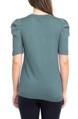 Adrianna Papell Crew Neck Short Sleeve Ruffled Shoulder Solid Knit Top - Glamourous Grace