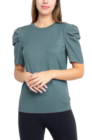Adrianna Papell Crew Neck Short Sleeve Ruffled Shoulder Solid Knit Top - Glamourous Grace