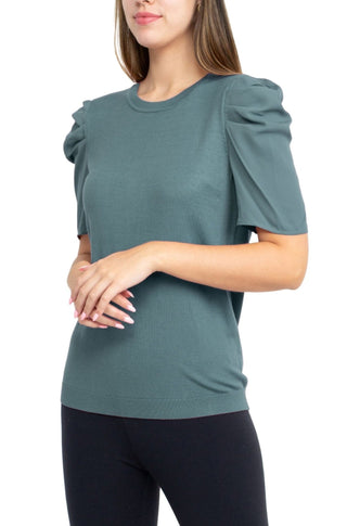 Adrianna Papell Crew Neck Short Sleeve Ruffled Shoulder Solid Knit Top - Glamourous Grace