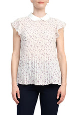 Adrianna Papell Peter Pan Collar Flutter Sleeve Pleated Printed Woven Georgette Top - Glamourous Grace