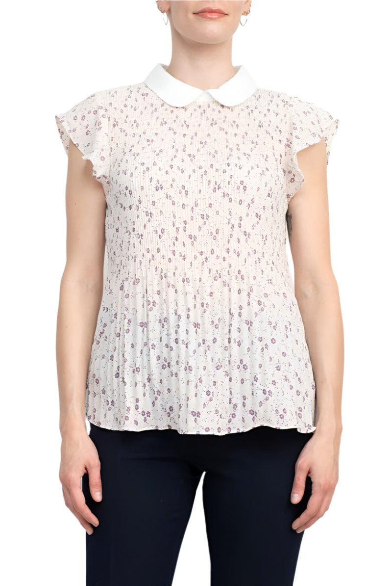 Adrianna Papell Peter Pan Collar Flutter Sleeve Pleated Printed Woven Georgette Top - Glamourous Grace