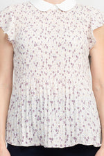 Adrianna Papell Peter Pan Collar Flutter Sleeve Pleated Printed Woven Georgette Top - Glamourous Grace