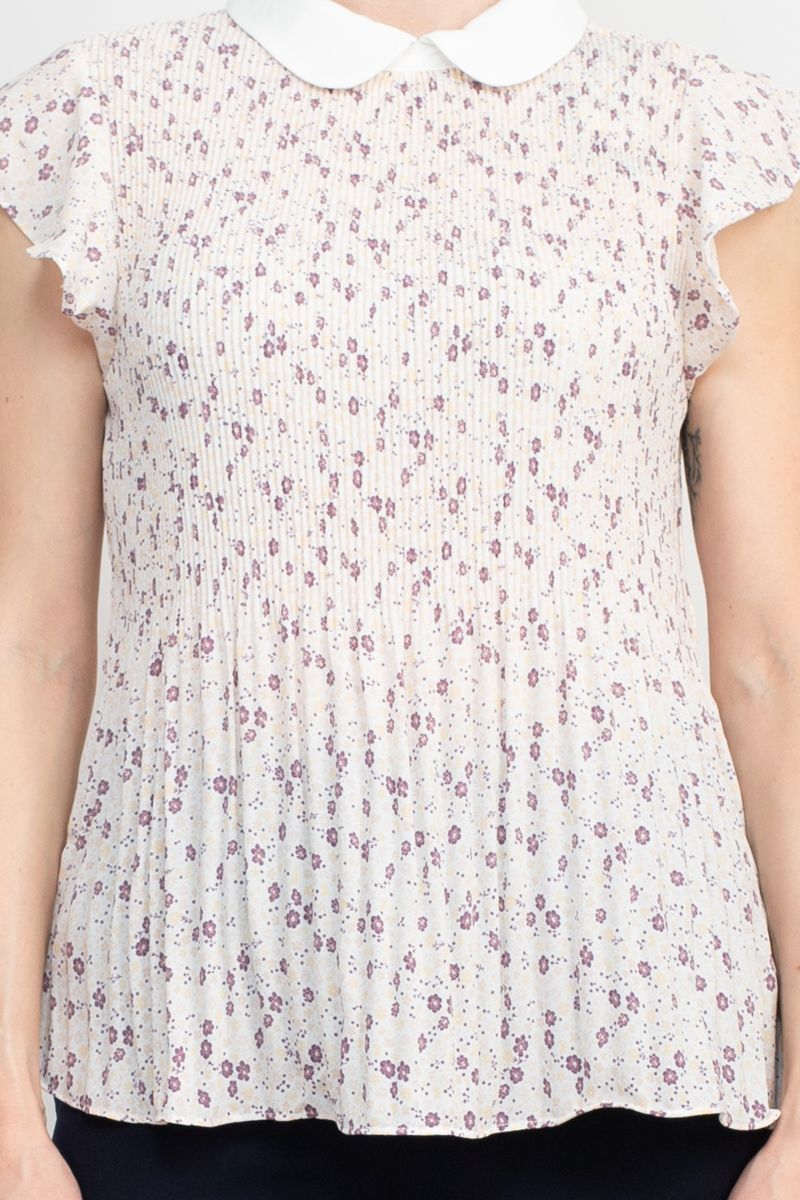 Adrianna Papell Peter Pan Collar Flutter Sleeve Pleated Printed Woven Georgette Top - Glamourous Grace