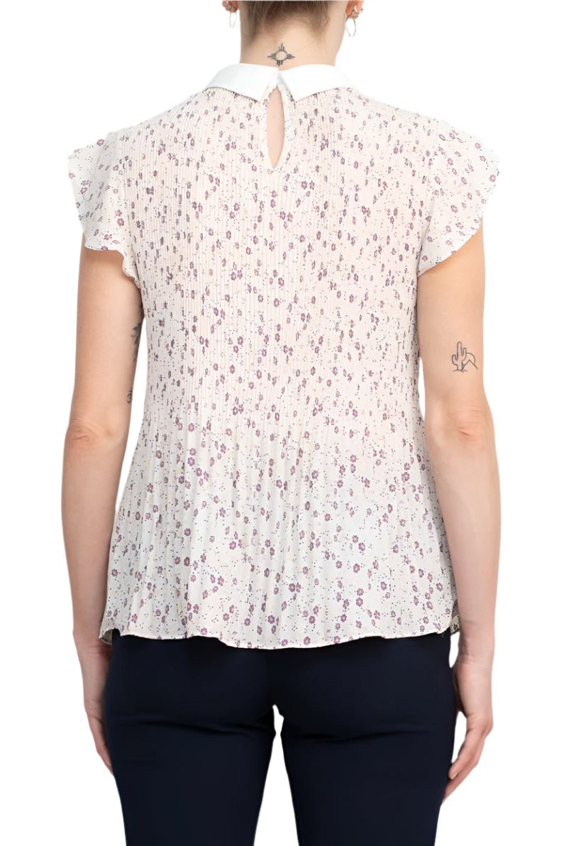 Adrianna Papell Peter Pan Collar Flutter Sleeve Pleated Printed Woven Georgette Top - Glamourous Grace