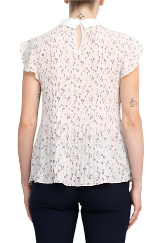 Adrianna Papell Peter Pan Collar Flutter Sleeve Pleated Printed Woven Georgette Top - By Baano