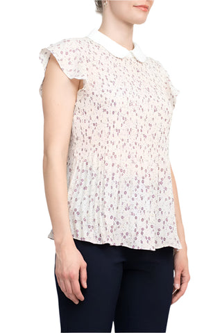 Adrianna Papell Peter Pan Collar Flutter Sleeve Pleated Printed Woven Georgette Top - By Baano