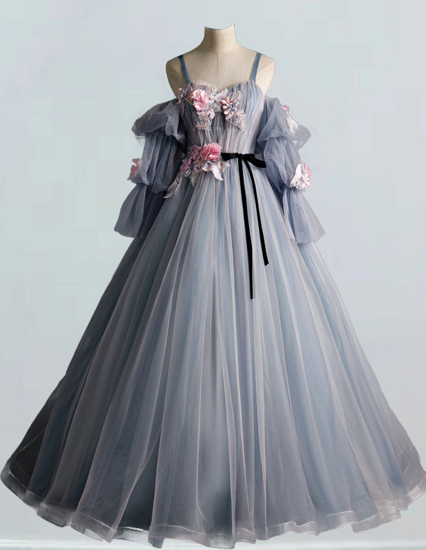 Grey blue straps detachable sleeve pleated pink lace applique long tulle prom dress ball gown evening party dress