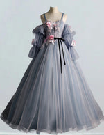 Grey blue straps detachable sleeve pleated pink lace applique long tulle prom dress ball gown evening party dress