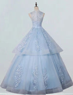 Blue high collar lace applique long ball gown formal dress