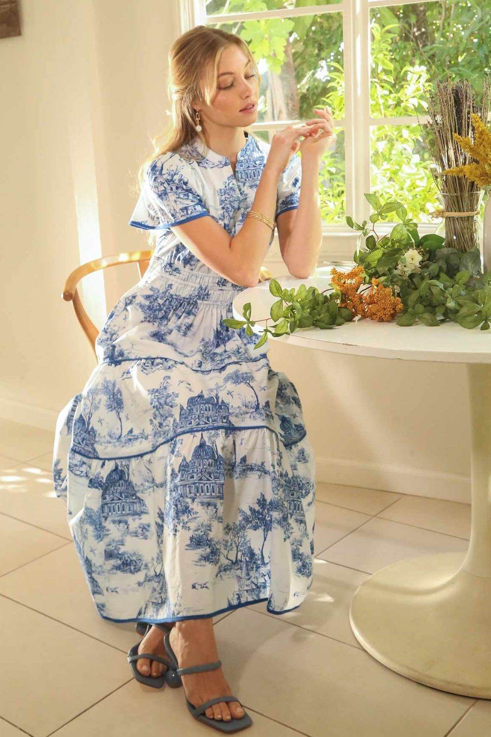 Umgee Full Size Landscape Print Short Sleeve Tiered Maxi Dress Plus Size - By Baano