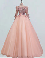 Girls' Elegant Pink Lace Long-Sleeve Scoop Neck Ball Gown Prom Dress