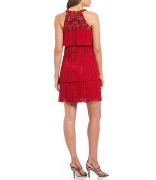 Aidan Mattox Embellished Halter Neck Keyhole Back Tiered Tassel Dress - By Baano