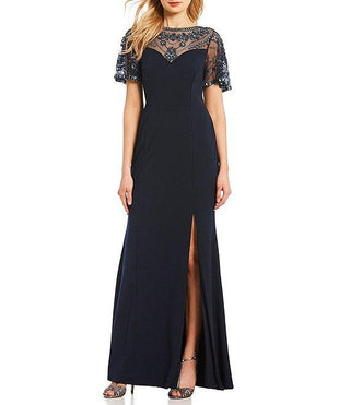 Aidan Mattox Boat Neck Short Sleeve Column Slit Side Zipper Back Embellished Top Stretch Crepe Dress - By Baano