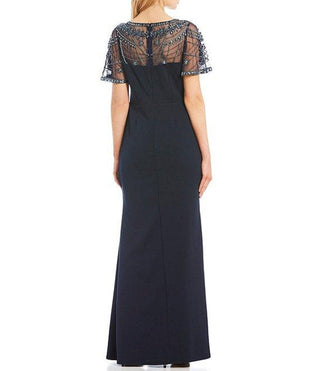 Aidan Mattox Boat Neck Short Sleeve Column Slit Side Zipper Back Embellished Top Stretch Crepe Dress - By Baano