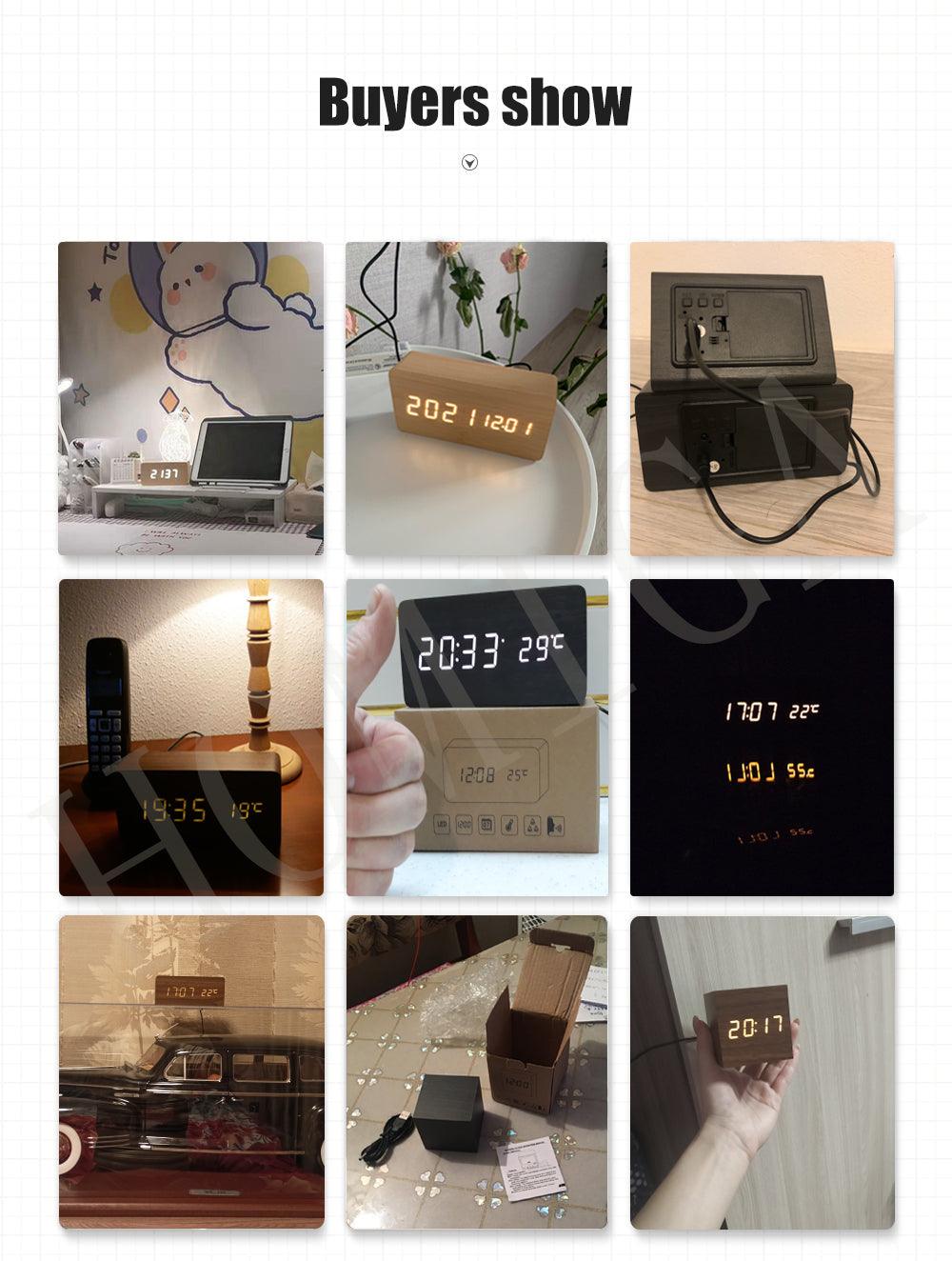 Alarm Clock LED Wooden Watch Digital Alarm Clock with Wooden Electronic LED Time Display 3 Alarm Settings Humidity & Temperature Detect Wood Made Electric Clocks Table Voice Control Digital Wood USB/AAA Powered Electronic Desktop Clocks Stevvex