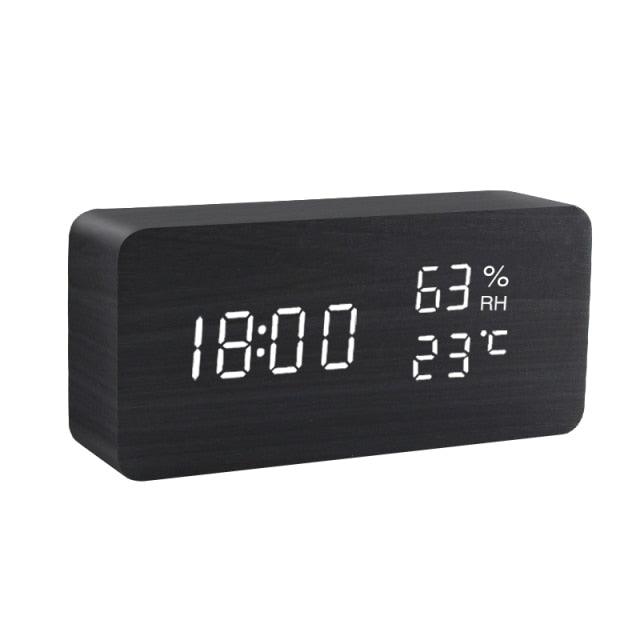Alarm Clock LED Wooden Watch Digital Alarm Clock with Wooden Electronic LED Time Display 3 Alarm Settings Humidity & Temperature Detect Wood Made Electric Clocks Table Voice Control Digital Wood USB/AAA Powered Electronic Desktop Clocks Stevvex