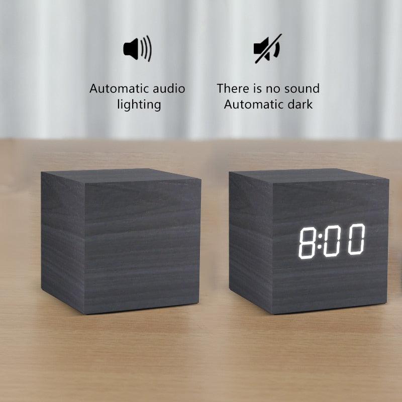 Alarm Clock LED Wooden Watch Digital Alarm Clock with Wooden Electronic LED Time Display 3 Alarm Settings Humidity & Temperature Detect Wood Made Electric Clocks Table Voice Control Digital Wood USB/AAA Powered Electronic Desktop Clocks Stevvex