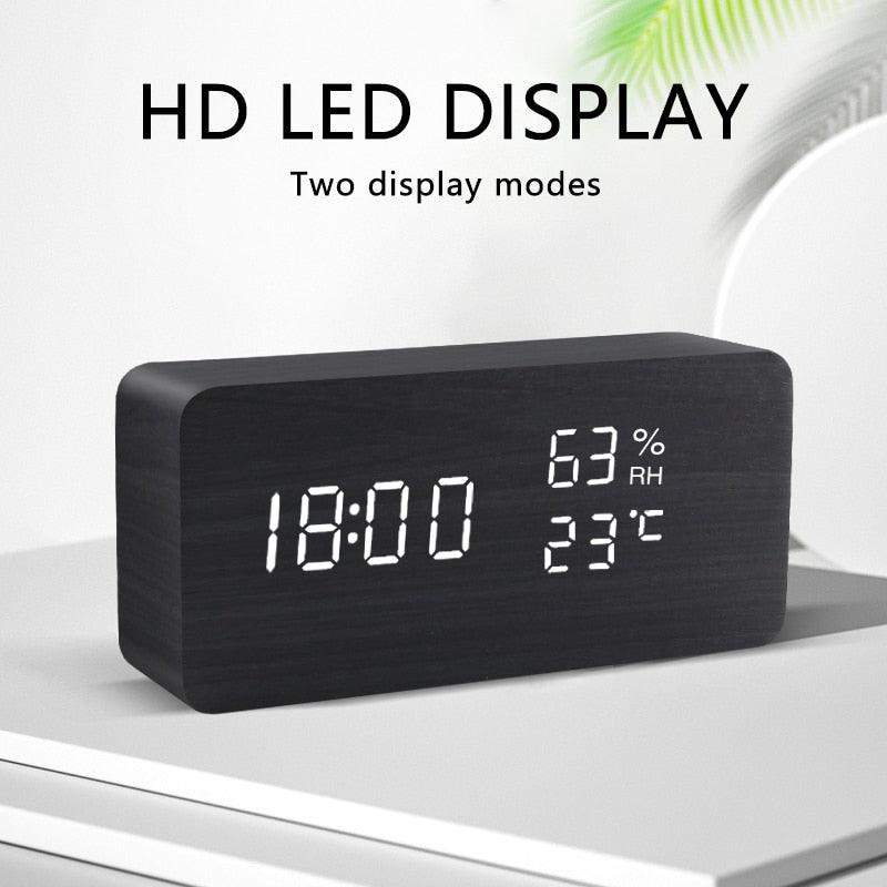 Alarm Clock LED Wooden Watch Digital Alarm Clock with Wooden Electronic LED Time Display 3 Alarm Settings Humidity & Temperature Detect Wood Made Electric Clocks Table Voice Control Digital Wood USB/AAA Powered Electronic Desktop Clocks Stevvex