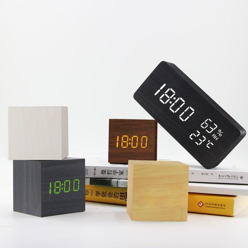 Alarm Clock LED Wooden Watch Digital Alarm Clock with Wooden Electronic LED Time Display 3 Alarm Settings Humidity & Temperature Detect Wood Made Electric Clocks Table Voice Control Digital Wood USB/AAA Powered Electronic Desktop Clocks Stevvex