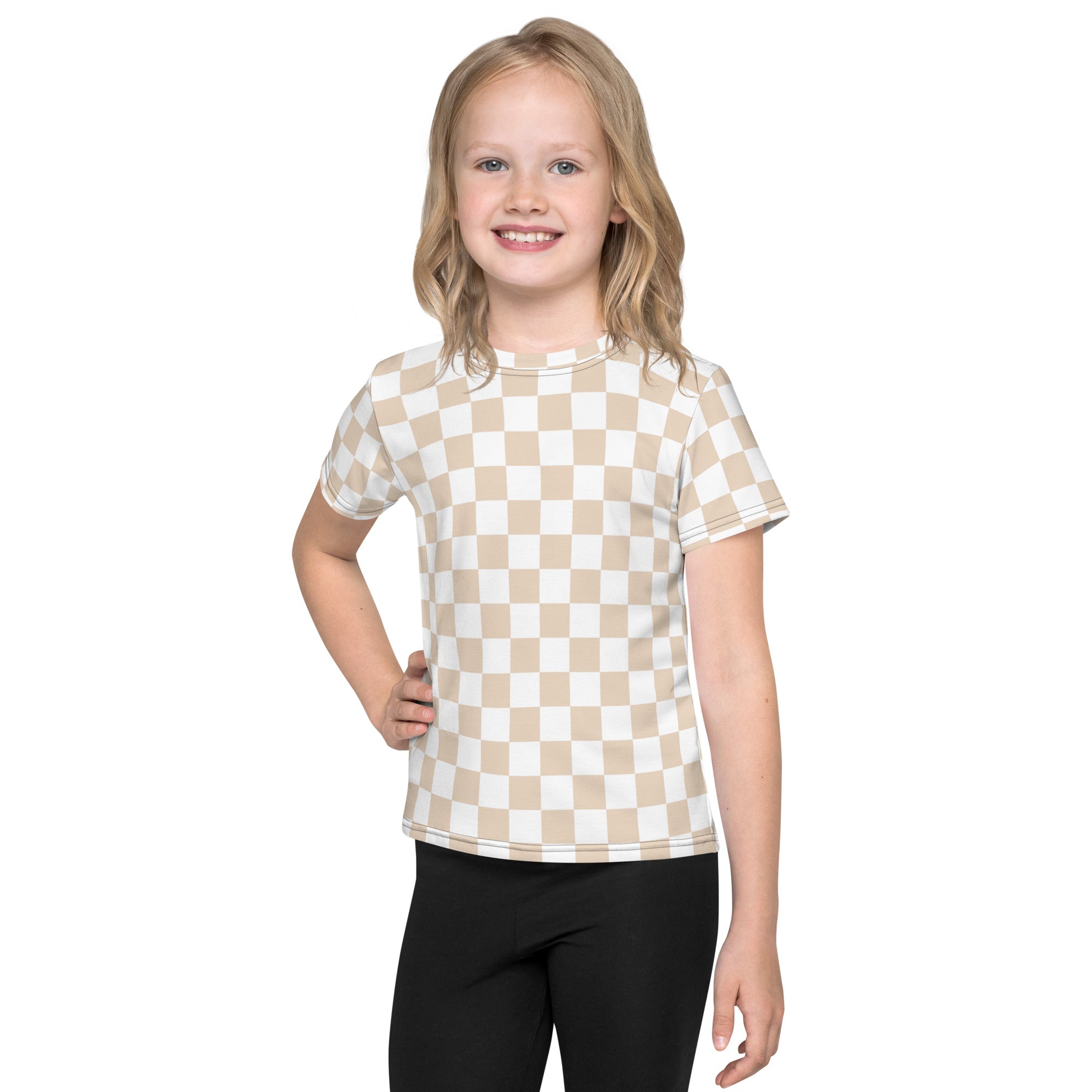 Checkered Tan White Toddler Kids Crew Neck T-shirt
