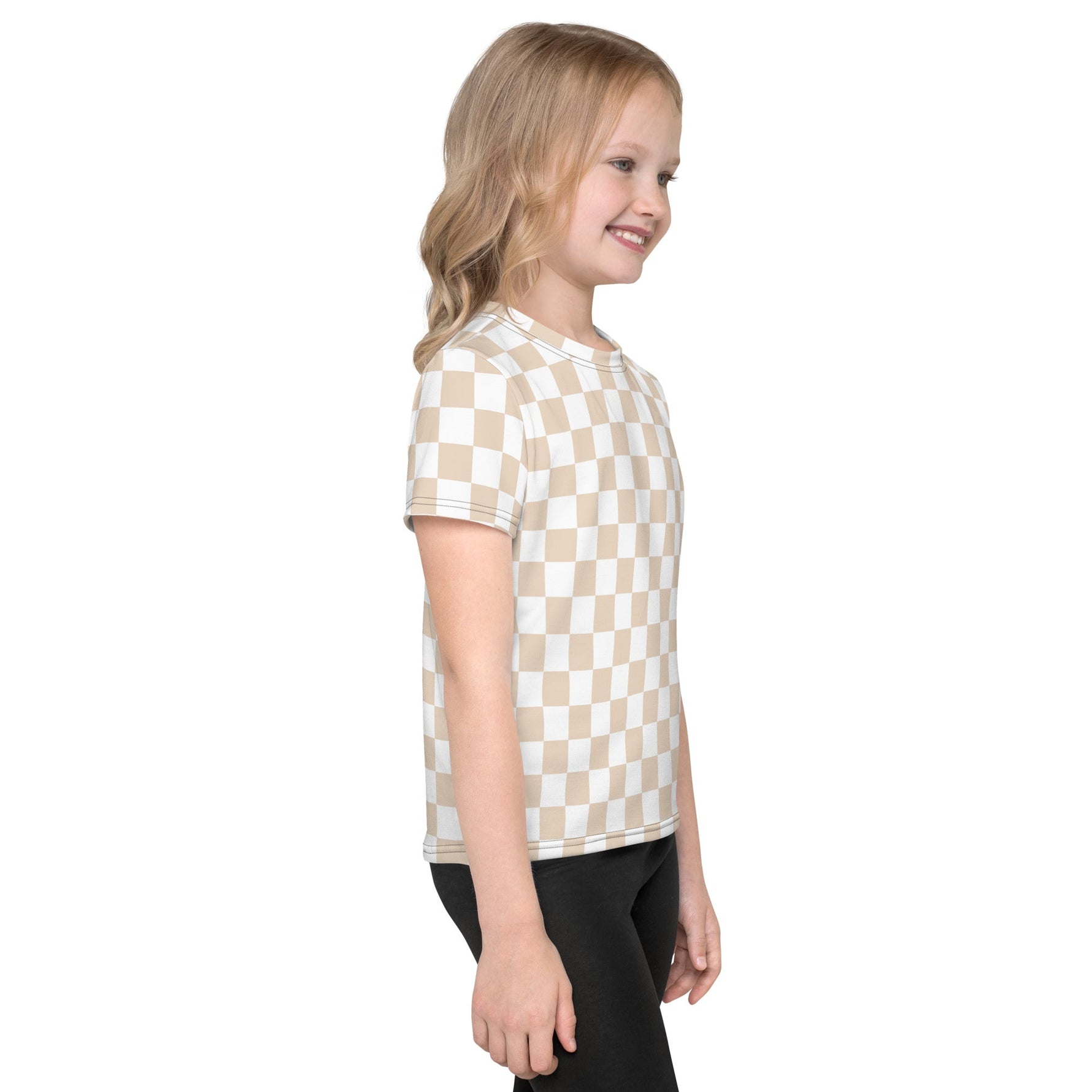 Checkered Tan White Toddler Kids Crew Neck T-shirt