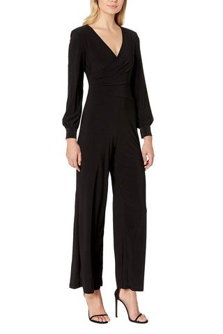 Adrianna Papell V-Neck Ruched Long Sleeve Zipper Back Solid Jersey Jumpsuit - By Baano