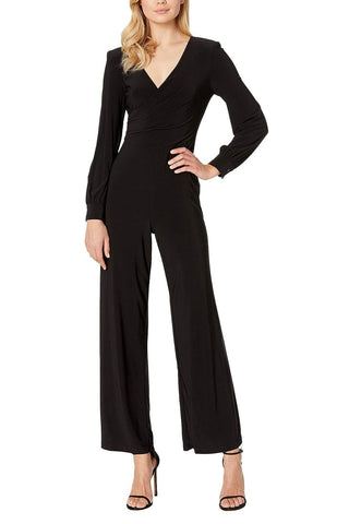 Adrianna Papell V-Neck Ruched Long Sleeve Zipper Back Solid Jersey Jumpsuit - By Baano