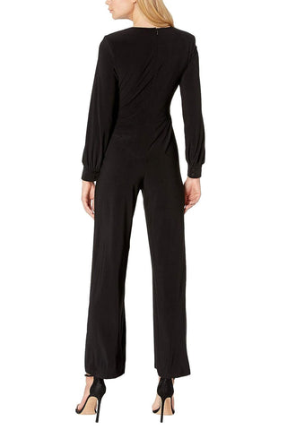 Adrianna Papell V-Neck Ruched Long Sleeve Zipper Back Solid Jersey Jumpsuit - By Baano