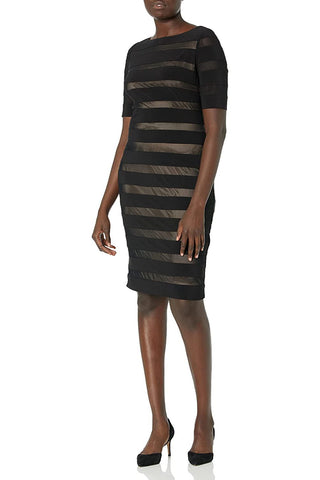 Adrianna Papell Boat Neck Short Sleeve Illusion Zipper Back Jersey Mesh Dress - By Baano