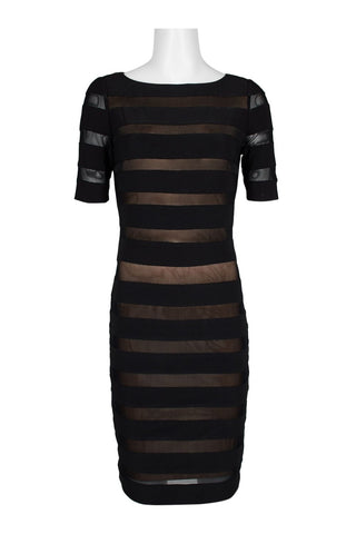Adrianna Papell Boat Neck Short Sleeve Illusion Zipper Back Jersey Mesh Dress - By Baano