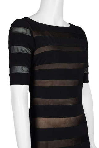 Adrianna Papell Boat Neck Short Sleeve Illusion Zipper Back Jersey Mesh Dress - By Baano