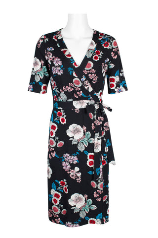 Adrianna Papell Surplice Neck Short Sleeve Floral Print Tie Side Rayon Jersey Faux Wrap Dress - By Baano