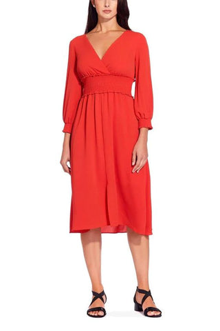 Adrianna Papell V-Neck 3/4 Sleeve Ruched Flutter Solid Polyester Dress - By Baano